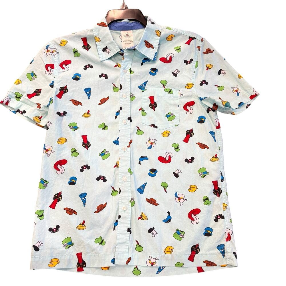 Disney Parks Mens Small Button Up Shirt Teal Green All Over Print Hats Mickey